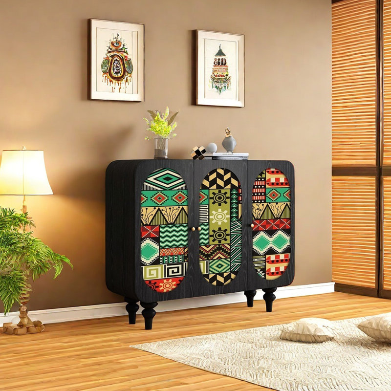 Art pattern solid wood multi-purpose sideboard, Black