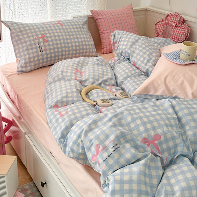 Cute Cartoon Bowknot Duvet Cover Set Pink Bow Blue Plaid Kawaii Geometric Comforter Cover For Kids Girls Boys