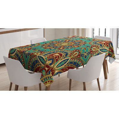 Mandala Tablecloth, Pattern With Mandala Style Eastern Medieval Motifs Oriental Ethnic, Rectangular Table Cover For Dining Room Kitchen Decor, 52" X 70", Teal Indigo Ruby