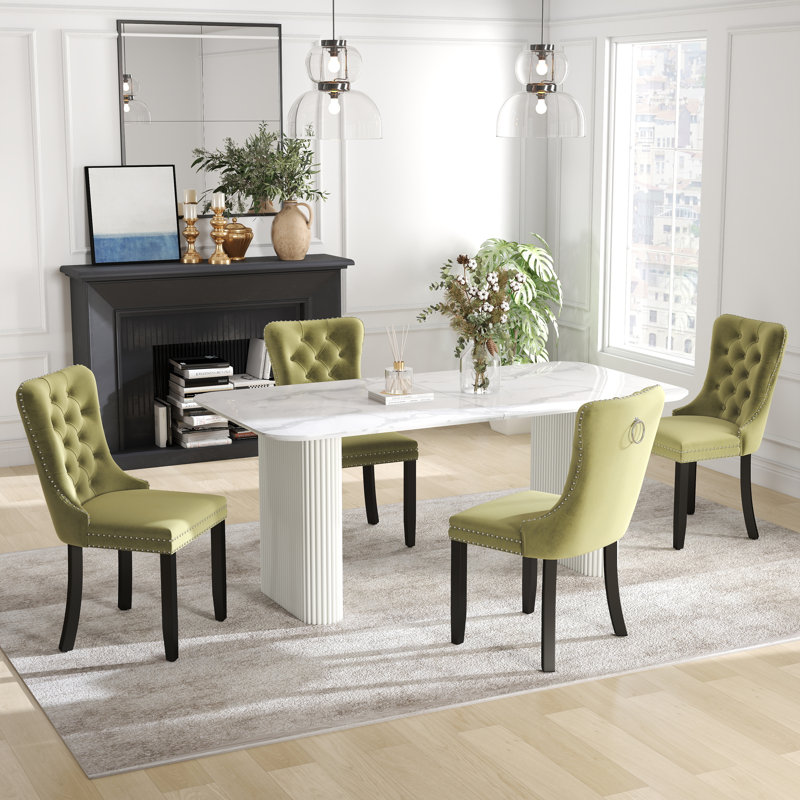 Rectangle Double Pedestal Dining Set with Cream Style Dining Table, 5, Olive Green