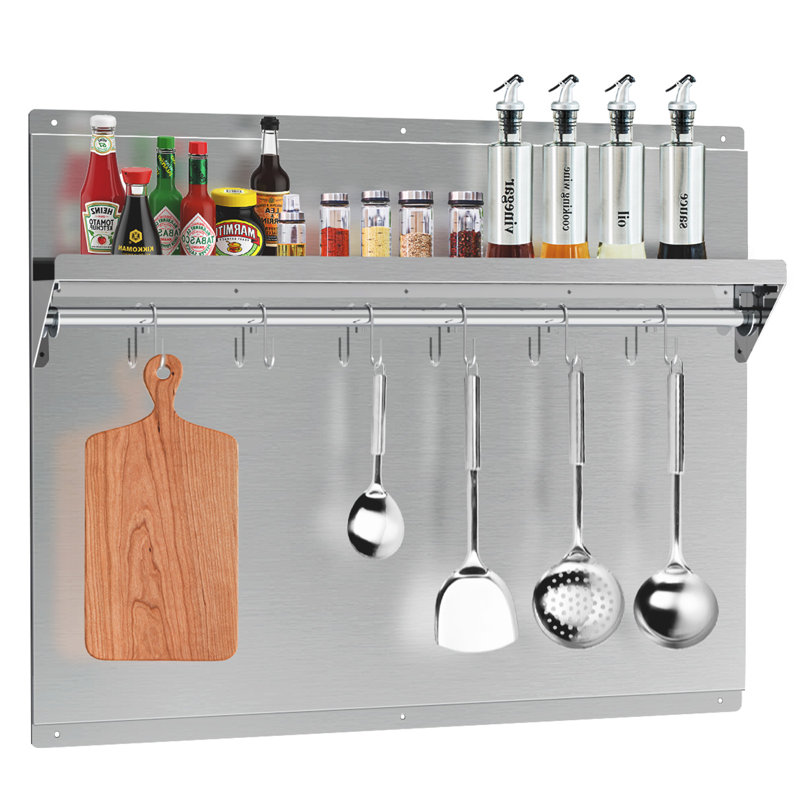 24 x 30 in. Stainless Steel Kitchen Backsplash with Storage Shelf, Spice Rack, and Utensil Hooks, Easy to Install