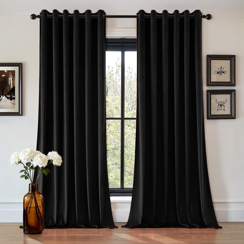 Aspire Homeware 100% Velvet Eyelet Room Darkening Curtains Pair for Soft and Elegant Window Look, Black