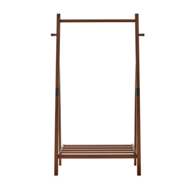 31.89" Heavy-Duty Solid Pine Freestanding Clothes Rack, A-Shaped Garment Stand with Storage Shelf & Side Hooks, Walnut