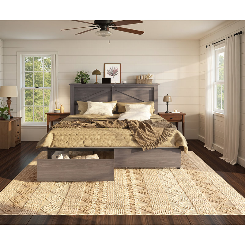 47.2"H Farmhouse King Size Bed with 2 Drawers & Bookcase Headboard, Gray, Gray, King
