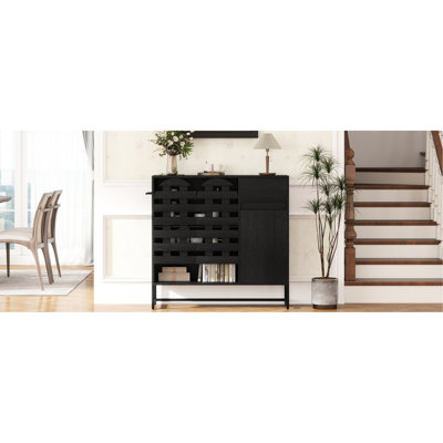 Moderne, buffet noir tissé, portes arquées, tablettes réglables, buffet de porte tissé avec dispositif de retournement et rangement multicouches pour les espaces de vie à manger