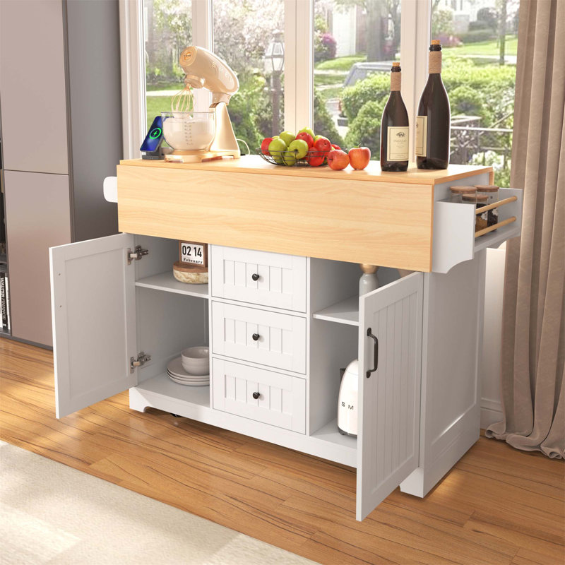 Versatile 55.7'' Large Kitchen Island With 2 Drop Leaf, Rolling Cart On 5 Wheels, Power Outlet, And Spacious Storage For Modern Kitchens And Dining Rooms