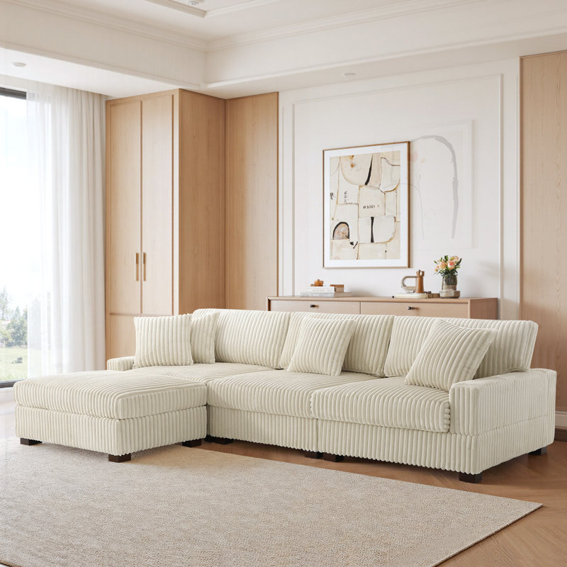 4 Seater Sectional, White Polyester/Foam Padding
