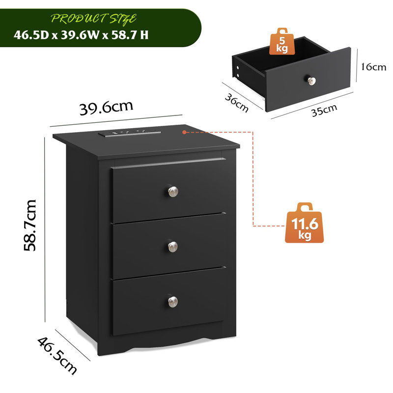 46.5cm W Manufactured Wood Bedside Table, Black