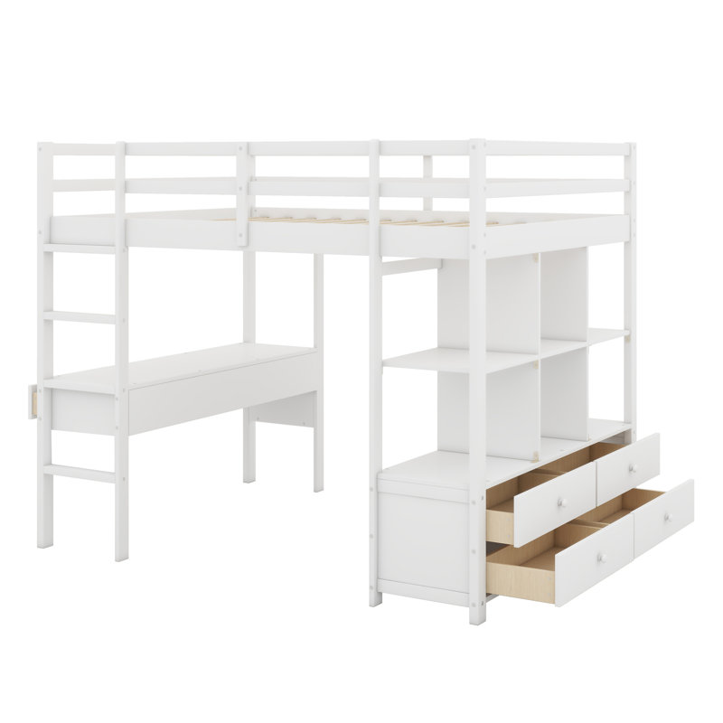 Loft Bed With Built-In Desk With Two Drawers, And Storage Shelves And Drawers, White