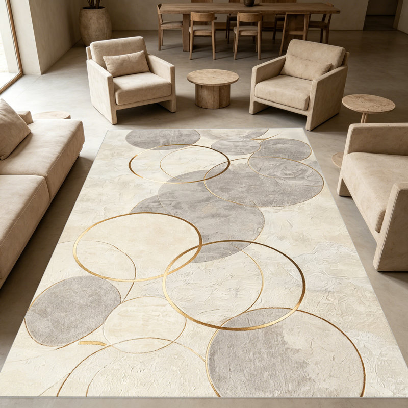 Beige & Gold Circular Abstract area rugs for Living Room, Soft and Comfortable, Suitable for all seasons, easy to maintain, machine washable Indoor floor mat, Under Table Farmhouse suitable for Bedroom, Dining Room, Study, Patio, Balcony, Home Decor