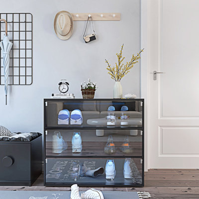 Armoire décorative, boîte à chaussures avec porte en verre, armoire de rangement pour chaussures avec lumière à DEL