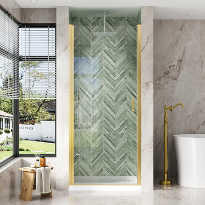 36"x 72" H Semi-Frameless Pivot Shower Door with  1/4 inch(6mm) Clear Tempered Glass And Handle,Brushed Gold
