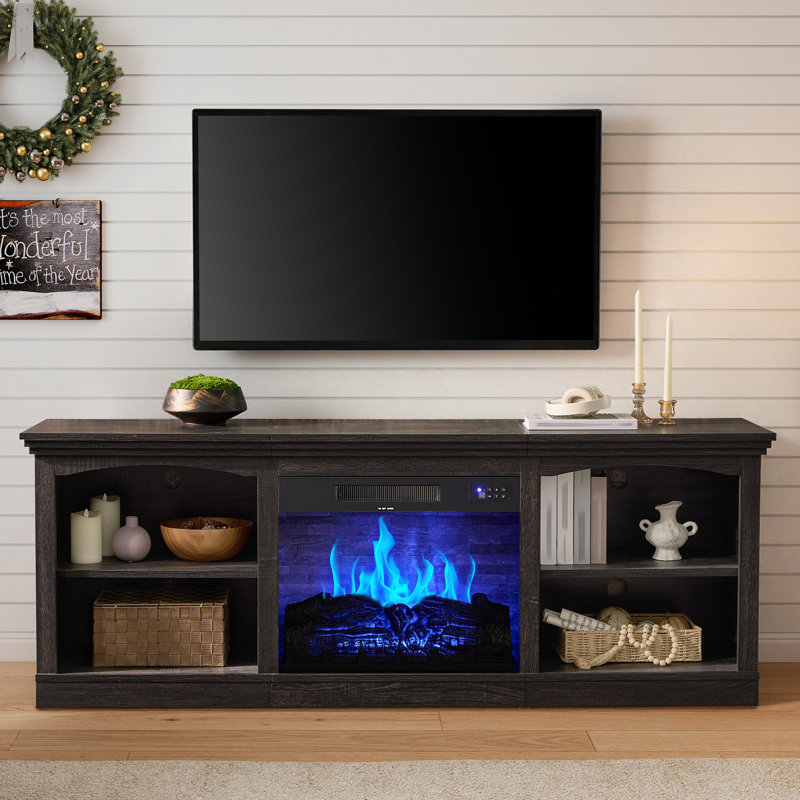 70" Farmhouse Fireplace Tv Stand For 80 Inch Tv, Large Tv Console Table For Living Room, Black, Black