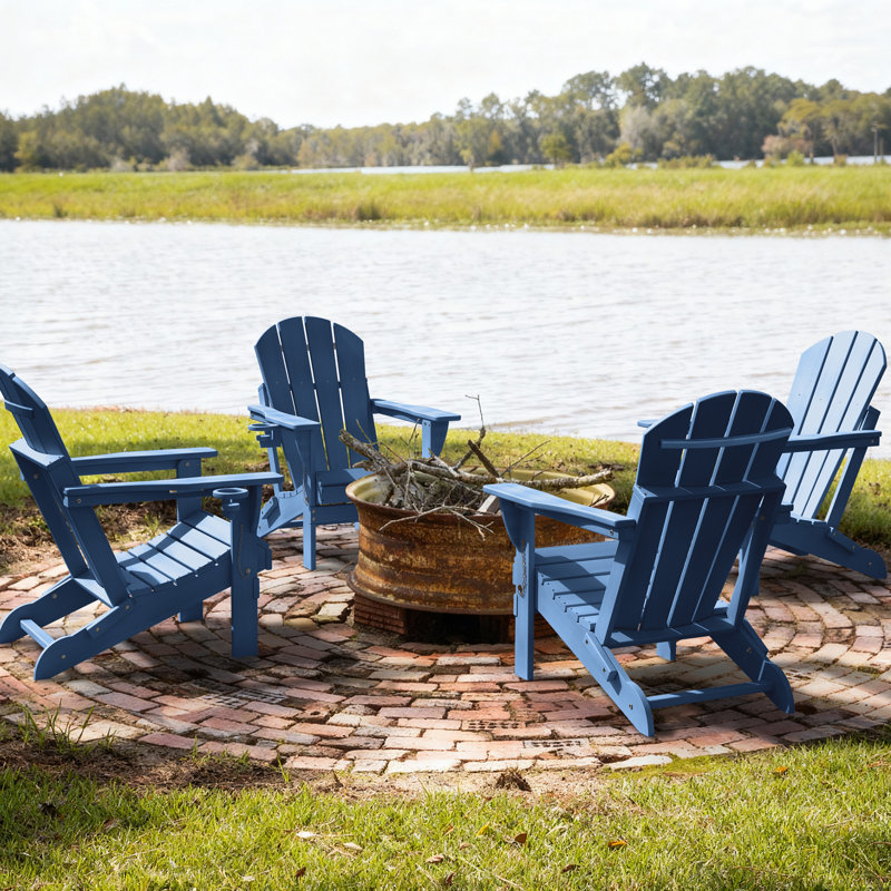 HDPE Outdoor Adirondack Foldable Chair Set Weather-Resistant  Fire Pit Chair With Cup Holder 4PCS, Navy