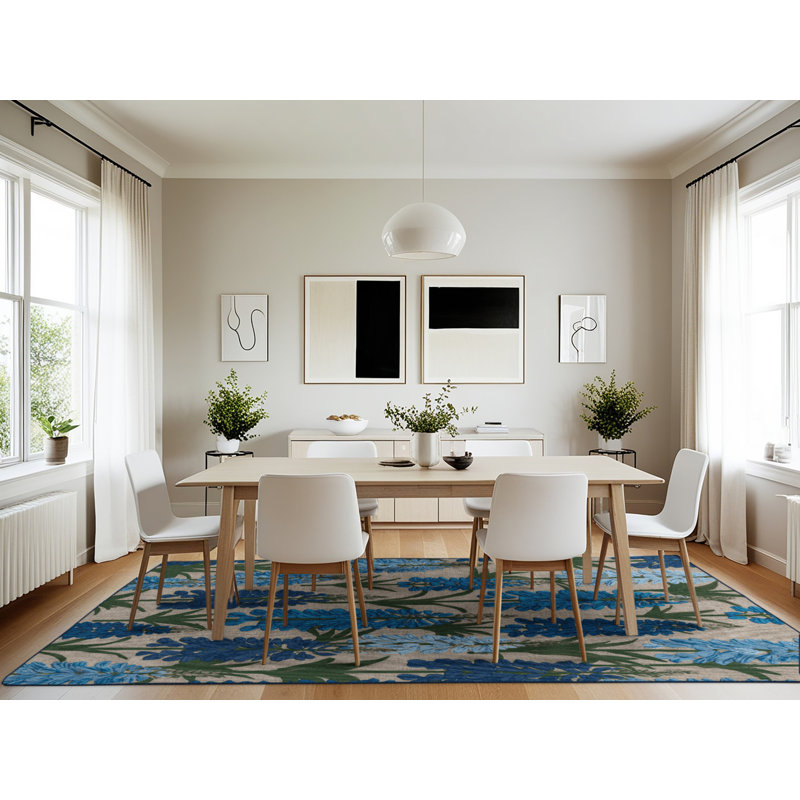 Machine Washable Botanical Blue Area Rug, Rectangle 7' x 10'