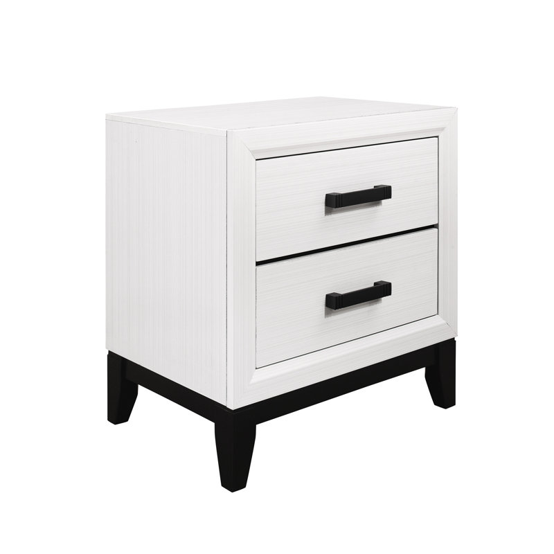 White Nightstand With 2 Drawers - Mirage Thought, Center Glide, Black Hardware, Rubber Wood Two Wood, Varnish