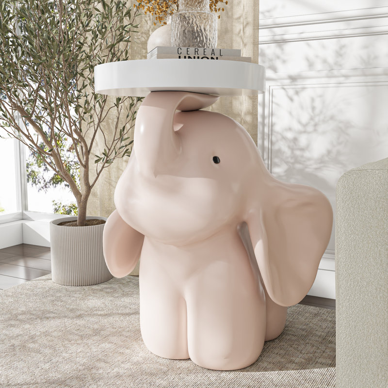 Lucky Elephant Side Table  - Hand-Cast Resin Accent End Table & Nightstand - Unique Animal Sculpture Stool For Living Room, Nursery, & Patio