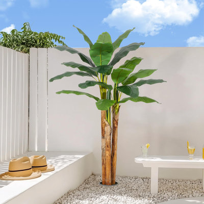 5/6/7FT Artificial Banana Tree with Grey Planter, 11 Faux Leaves Plant for Home Office Decor