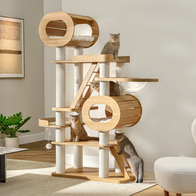 76" Modern Wood Cat Tree For Multi-Cat Homes, Sturdy Cat Tower With Scratching Posts & Platforms