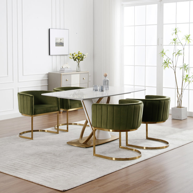 Modern Barrel Dining Chair With Backrest And Armrests Side Chair For Dining Room, Parlor And Balcony, Velvet Green, Gold