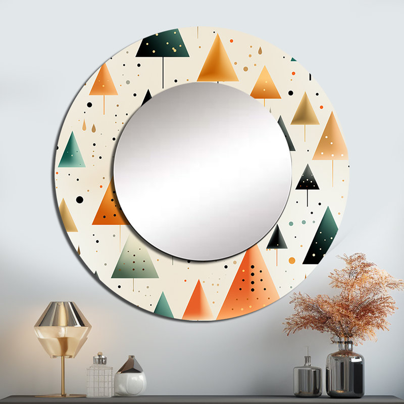Yellow And Green Minimalism Trees - Geometric  Unique Wall Mirror, Modern Round Mirror, Printed Metal Art, 29" x 29"