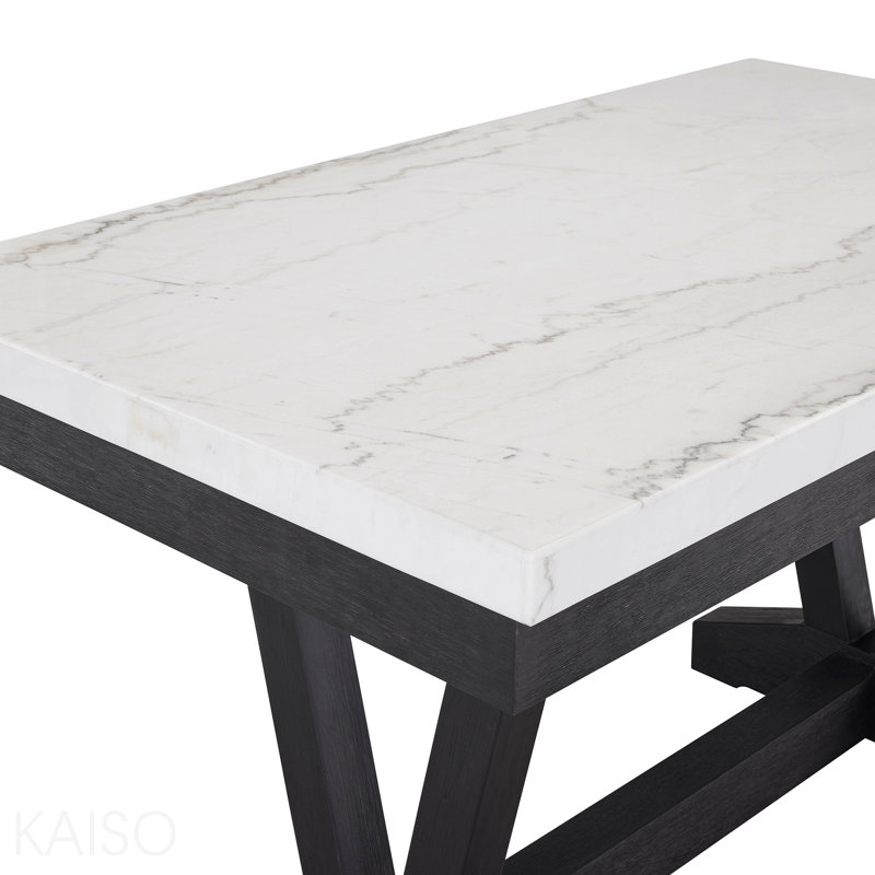 1 table de salle à manger moderne transitionnelle formelle en marbre véritable blanc avec plateau en tréteaux et pieds en bois noir