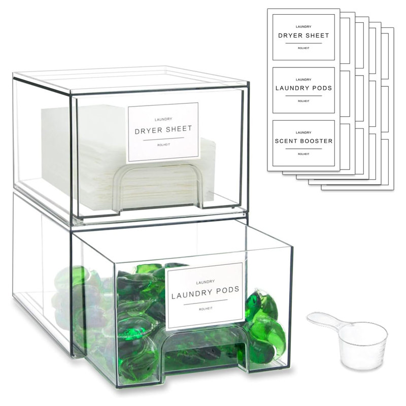 4 Pack Stackable Clear Laundry Storage Drawer Organizer Set with Labels