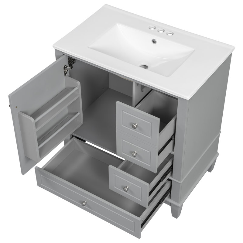 30" Bathroom Vanity With Sink, One Door With Shelf And Three Drawers, Soft Close Door, Gray, Silver