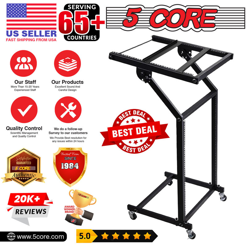 5 Core 12U Professional Audio Rack Mount DJ Mixer Stand Studio Adjustable Table Cart with Wheels