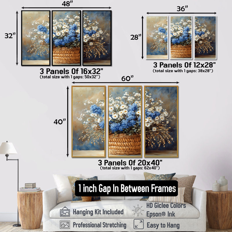 Ensemble d'art mural bleu et blanc jardin de ferme - fleurs sauvages, Toile avec cadre flottant brun