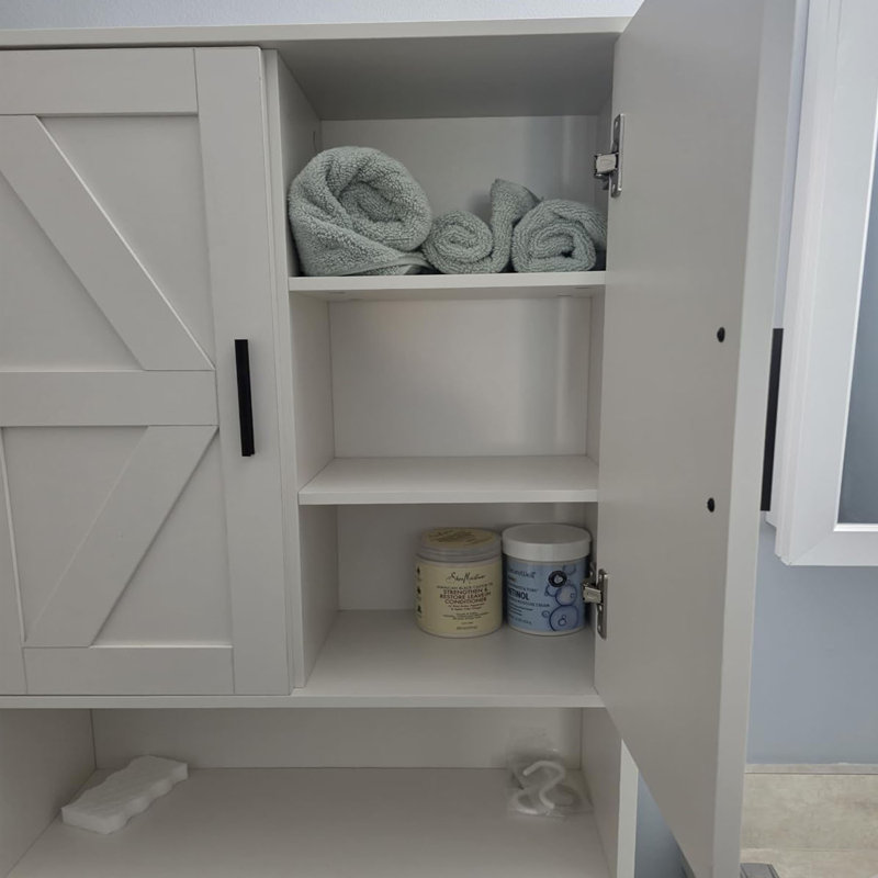 Over Toilet Storage Cabinet, Bathroom Organizer with Barn Doors, Thickened Metal Frame & MDF Wood, Freestanding Space Saver for Bathroom, White