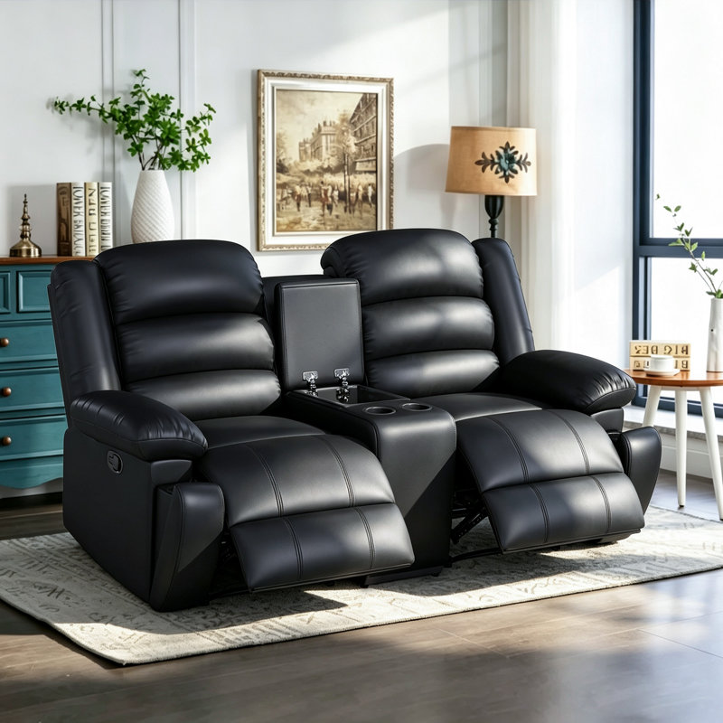 Lamyiah 77.6'' Wide Soft Vegan Leather Manual Reclining Loveseat Sofa with Storage and Cupholders, Black