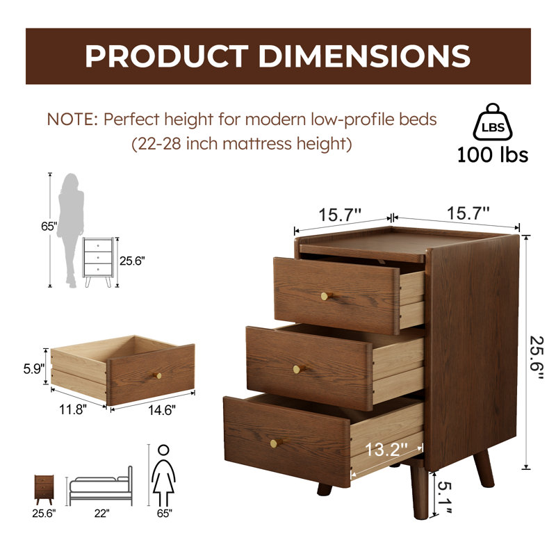 Classic Solid Wood Nightstand with 3 Drawers, Brown, 25.59" H x 15.75" W x 15.75" D
