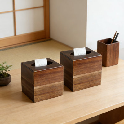 Ensemble de 2 boîtes à mouchoirs en bois d'acacia, porte-boîte à mouchoirs décoratif en bois avec fond coulissant, design minimaliste pour salle de bain, chambre à coucher, bureau, cuisine