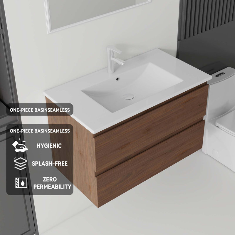 Meuble-lavabo suspendu gain d'espace avec lavabo en céramique et tiroir à fermeture en douceur, Brun