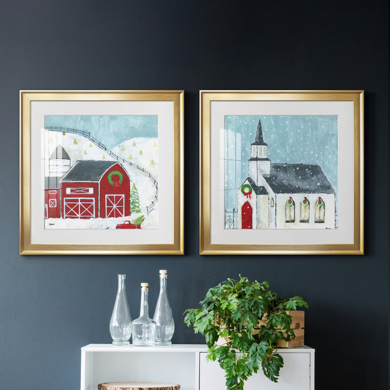 Christmas Barn - ensemble d'impressions 2 pièces, H 17,5 po x l 35 po x P 1,5 po, Papier encadré doré, Blanc