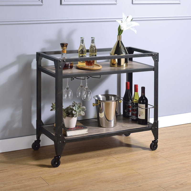 Chariot de service à 2 tablettes en chêne rustique et gris anthracite