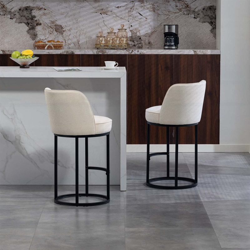 Ensemble de 2 tabourets de bar à hauteur de comptoir, conception de baril moderne avec dossier, tissu en lin rembourré pour le confort des îlots de cuisine