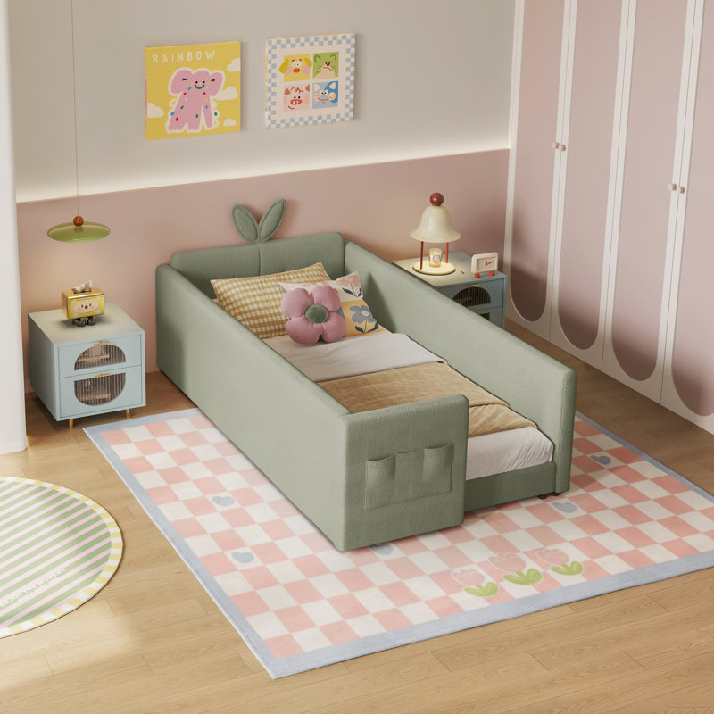 Twin Size Upholstered Platform Bed With Cute Rabbit Ear Shaped Headboard, Safety Rail, And Convenient Storage Pocket, Boucle Fabric – Perfect For Kids' Bedroom