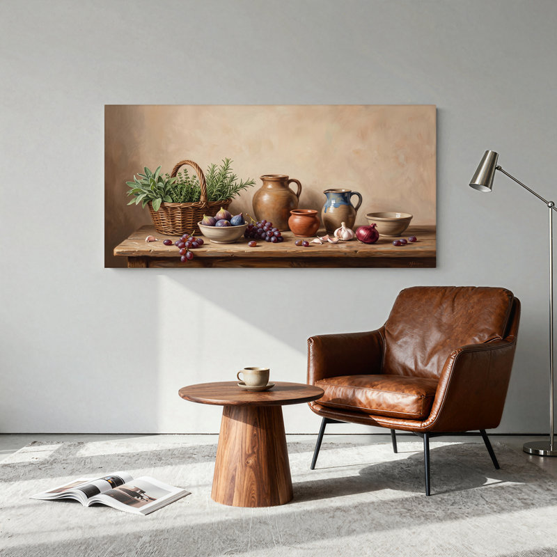 Nature morte aux herbes, figues et raisins sur une table rustique en bois, tableau sur toile, 24"W x 12"H