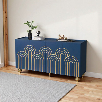 Modern Navy Blue Fluted Sideboard Buffet with Gold Accents - 4-Door Cabinet, Adjustable Shelves for Living Room, Dining Room or Kitchen
