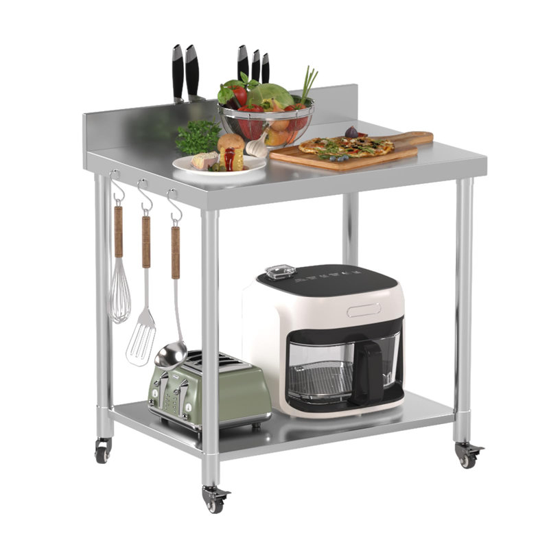 Prep Tables For Commercial Kitchen Steel Countertop With 2 Adjustable Tier Overshelves, 38" H x 36" L x 30" W