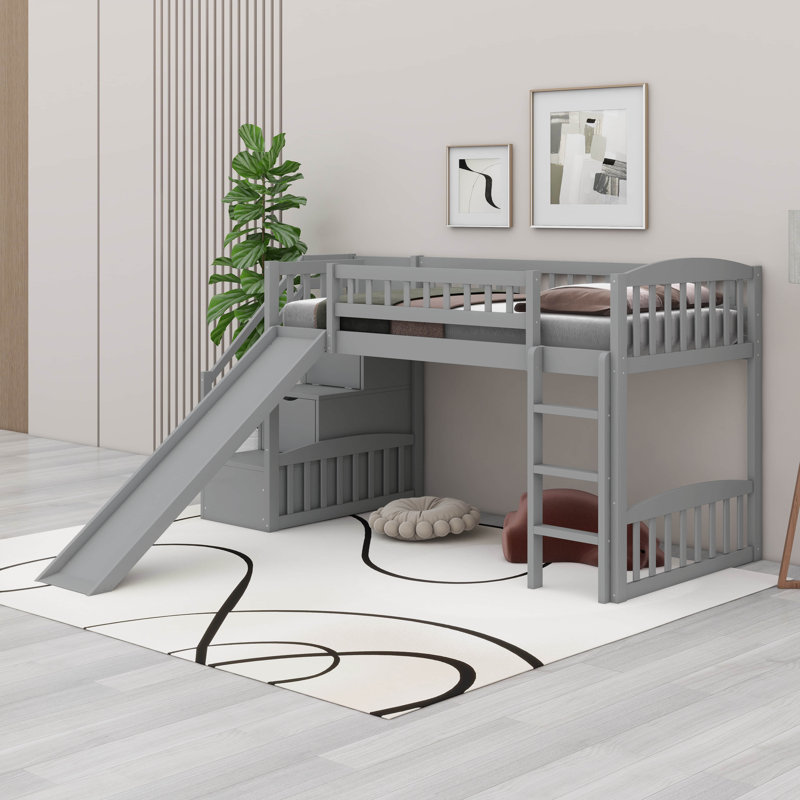 Space Efficient Pine Wood Frame Stairway Loft Bed With  Slide, Guardrails,Convertible Ladder, Gray
