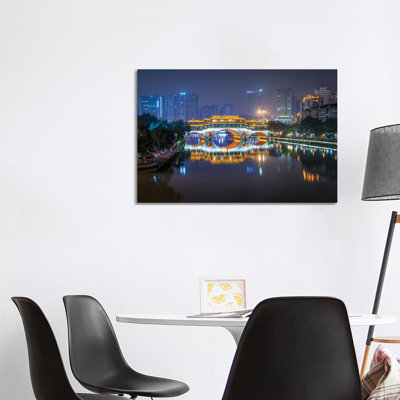 Anshun Bridge At Night, Chengdu, China by Jan Becke - Wrapped Canvas Print