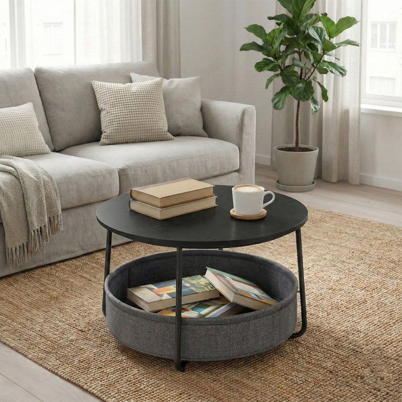 Round Center Table With Fabric Basket, Black/Gray