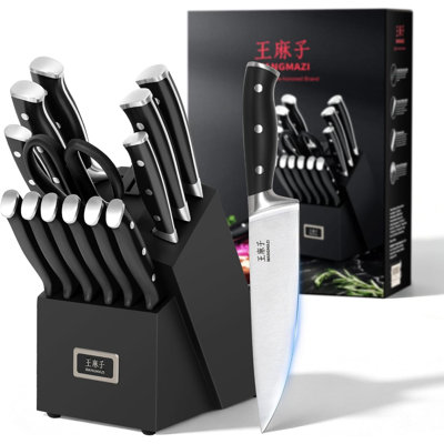 WANGMAZI 15-Piece Kitchen Knife Set with Built-In Sharpener Block,High Carbon Stainless Steel Chef Knife Set,Ergonomic ABS Handle