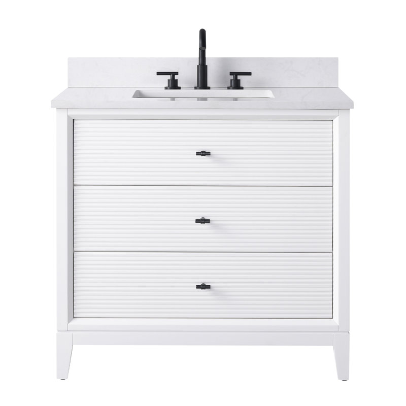 Meuble-lavabo autoportant à simple cuve 36 po avec plateau en marbre Caldwell, Blanc, Noir mat, Blanc Ariston