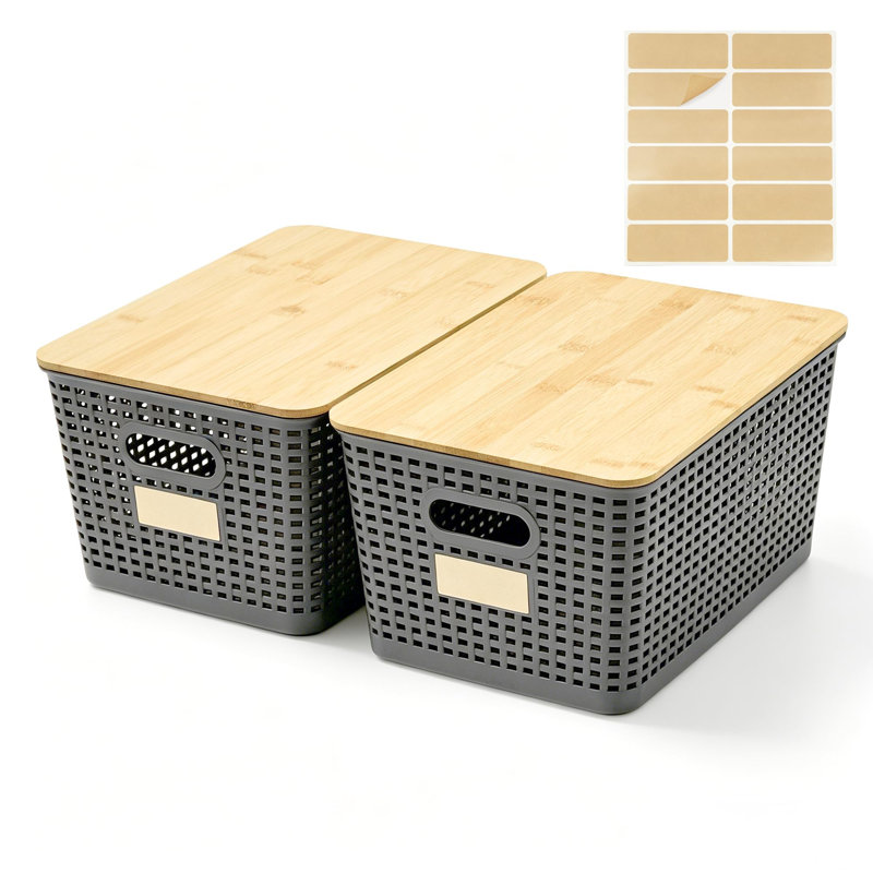 Set of 2 Tall 10.8QT Plastic Storage Baskets with Bamboo Lids, Stackable Organizer Containers 12×8.3×6.1 Inch for Home & Office Organization