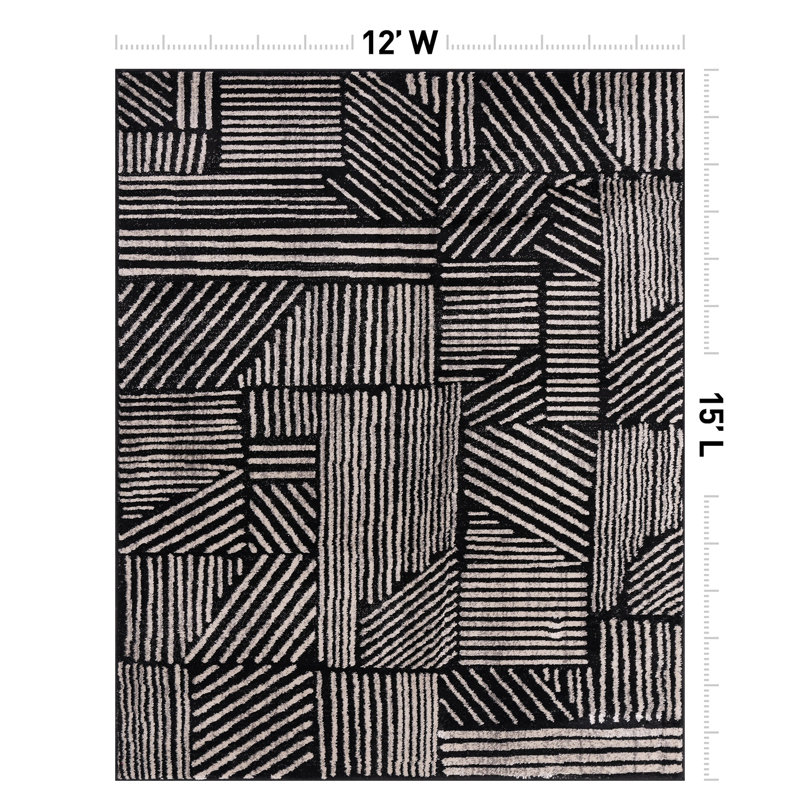 Rambo Geometric Black/Ivory Area Rug, Rectangle 12' x 15', Black