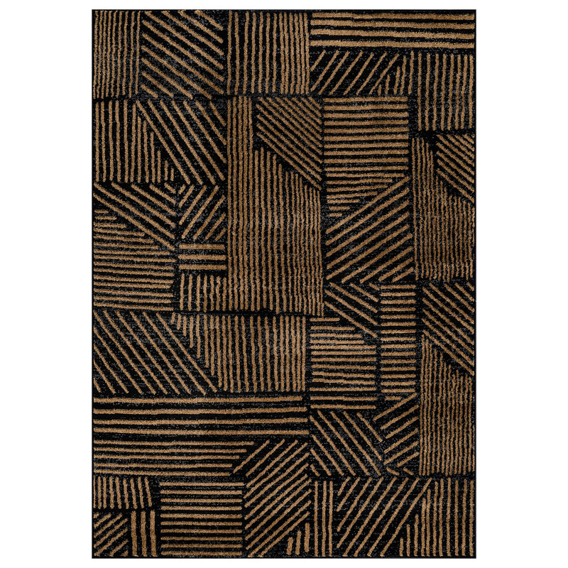 Rambo Geometric Black/Ivory Area Rug, Rectangle 7'10" x 10', Camel